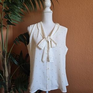 NWT Calvin Klein CK Sleeveless Blouse Bow Rhinestones White Gold XL Button Up